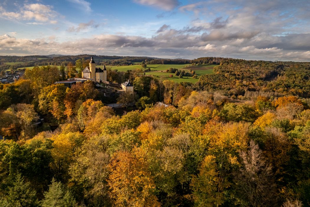 Schloss Homburg bei Nümbrecht liegt auf einer Anhöhe und ist umgeben von vielen Bäumen