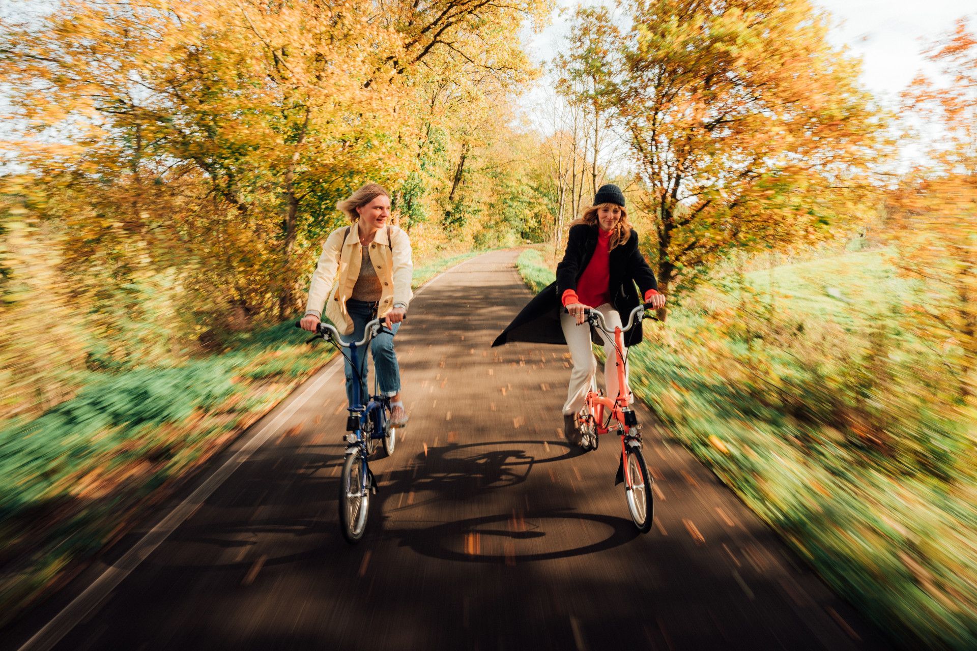 Zwei Frauen radeln durch eine herbstliche Landschaft.