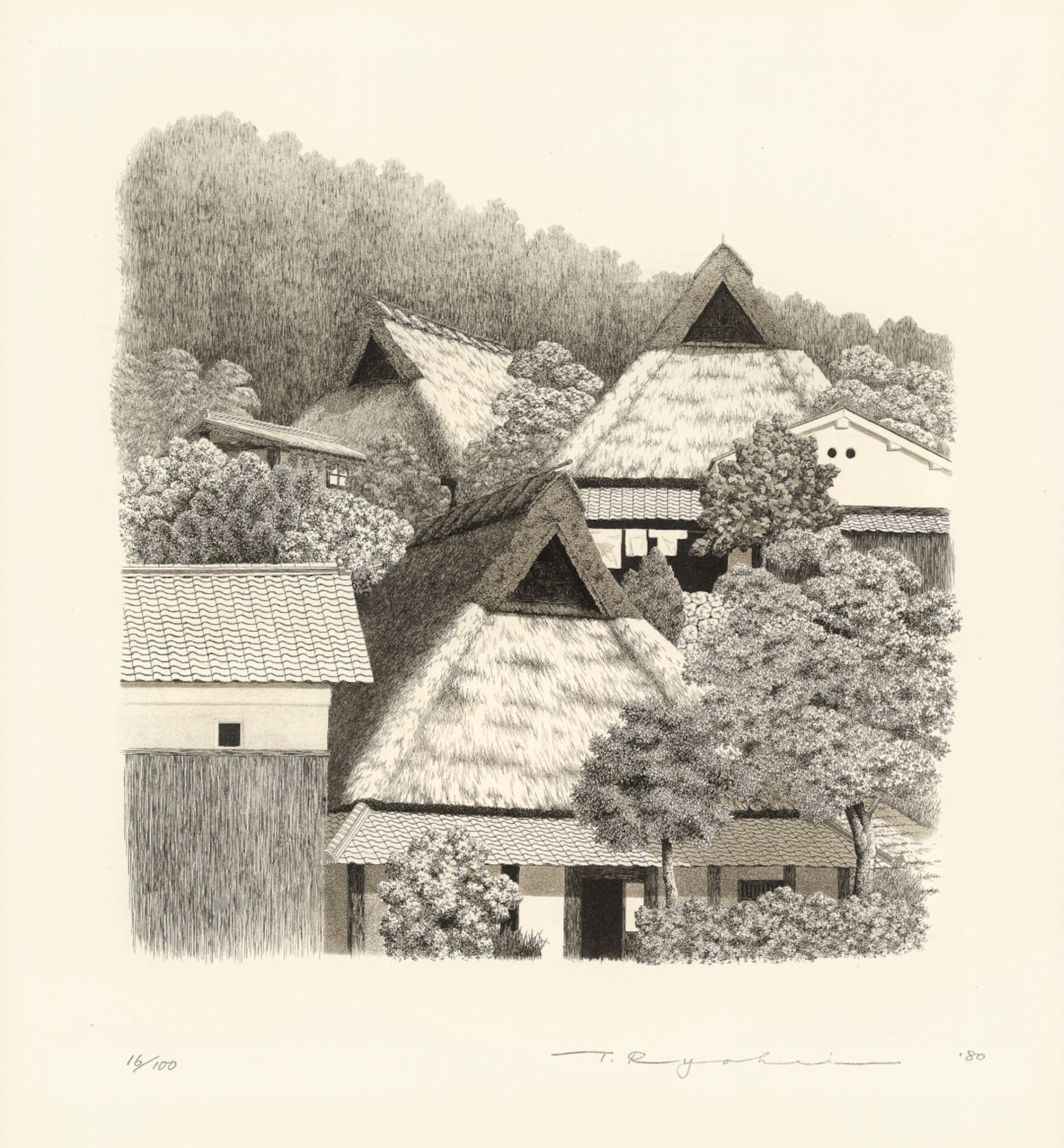 Tanaka Ryōhei (1933–2019), Dorf im Sommer, Radierung und Aquatinta, 36,5 × 36,5 cm, Japan 1980