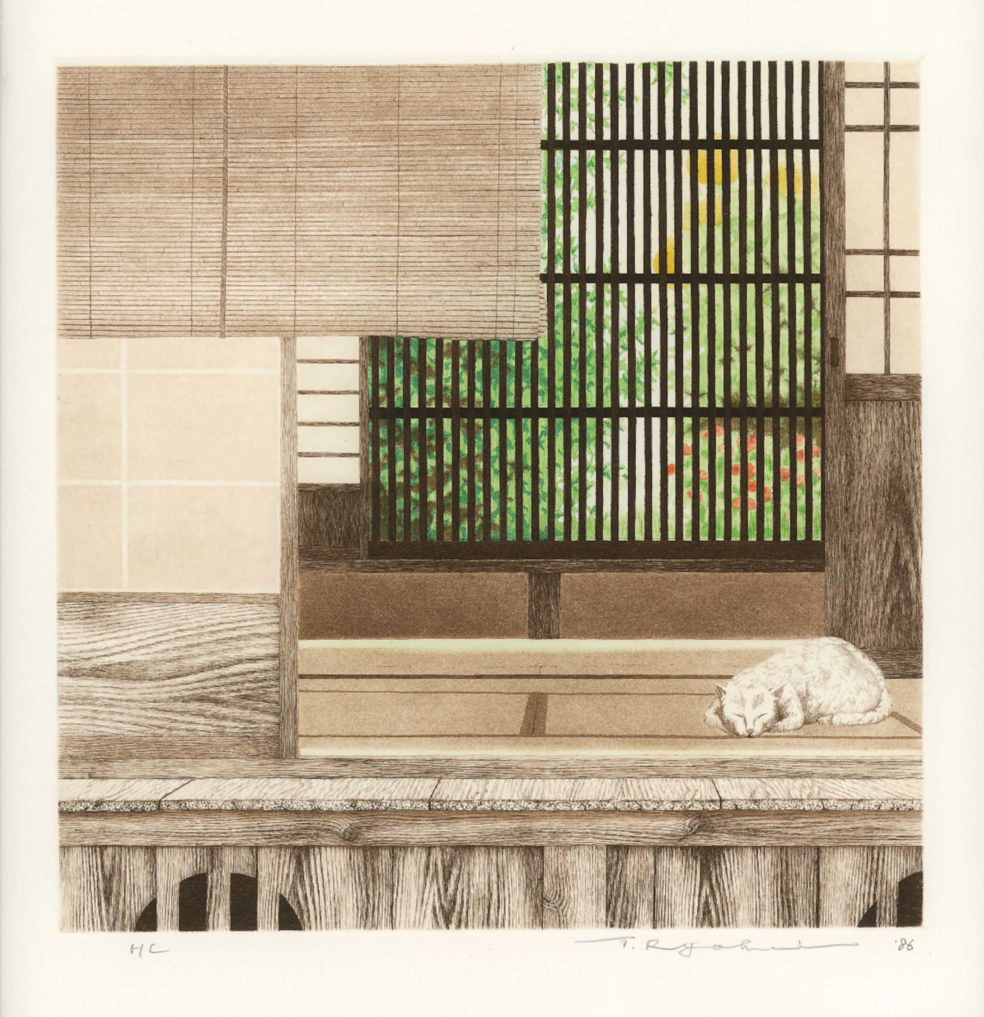 Tanaka Ryōhei (1933–2019), Sommerzimmer (Sepia), Farbradierung und Aquatinta,  30 × 30 cm, Japan 1986