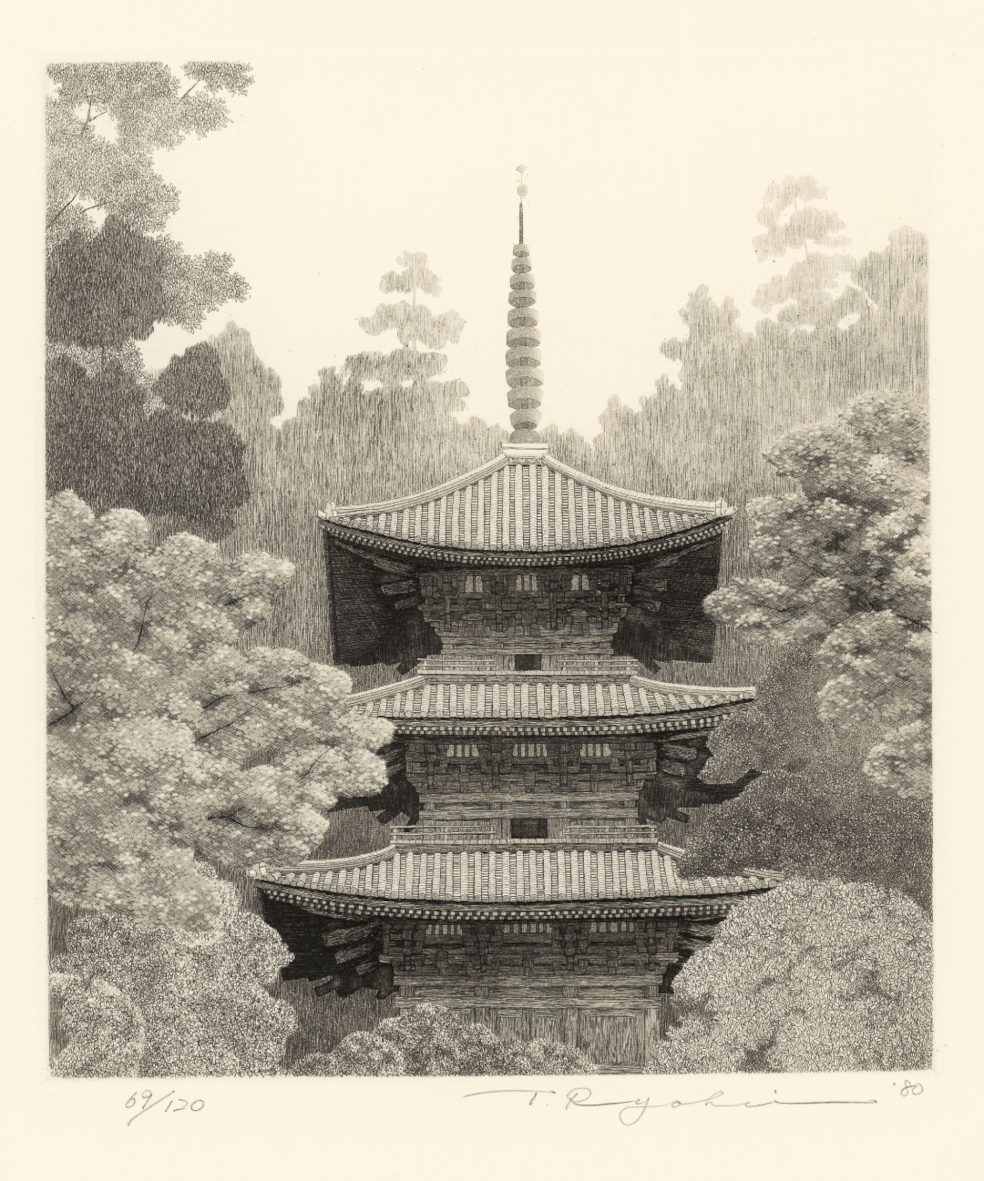 Tanaka Ryōhei (1933–2019), Gansen-Ji, Radierung, 24,5 × 21,5 cm, Japan 1980