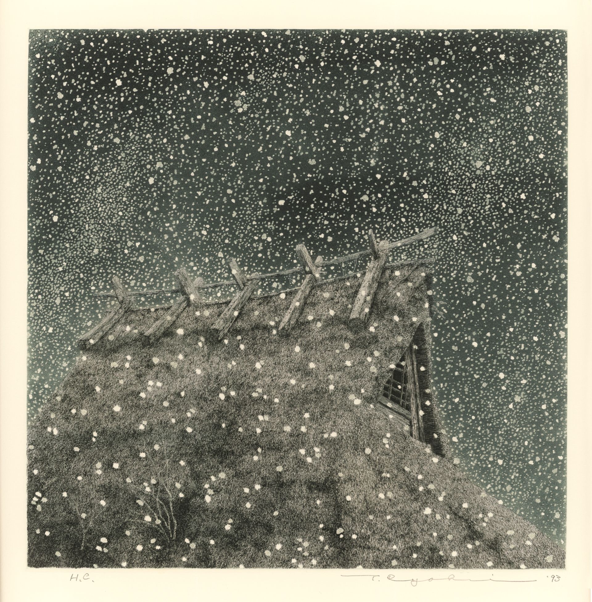 Tanaka Ryōhei (1933–2019), Schnee und Reetdach, Radierung und Aquatinta, 36,5 × 36,5 cm, Japan 1993