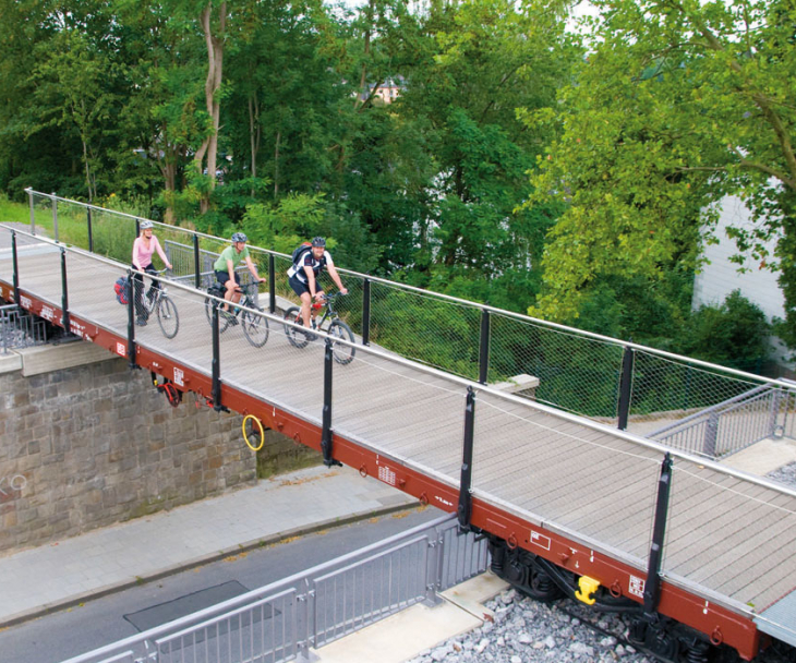 Radfahrer überqueren eine Waggonbrücke auf dem Panoramaradweg Niederbergbahn, © Stadt Heiligenhaus