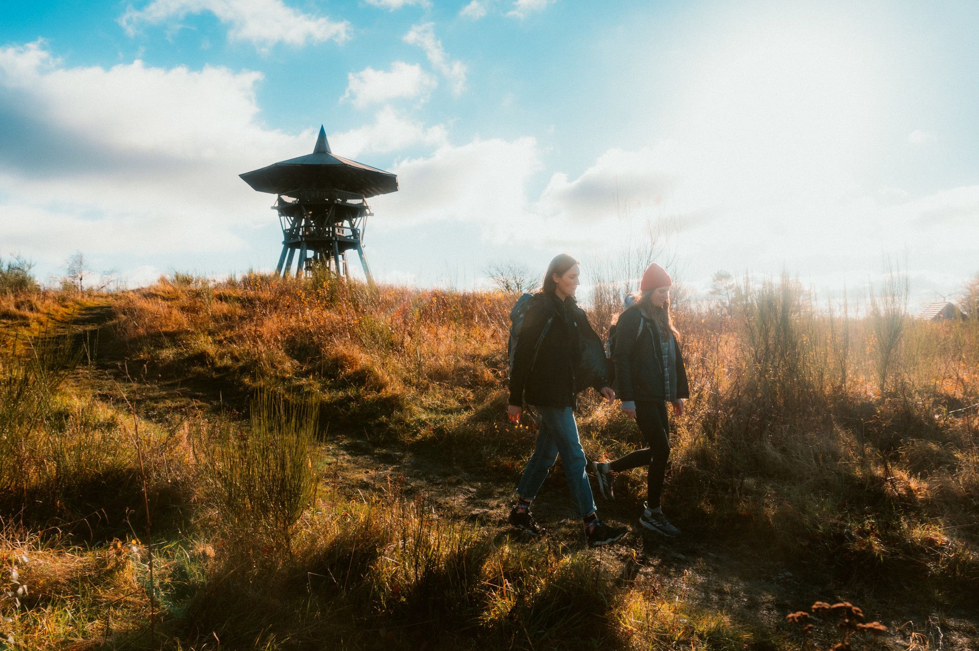 Zwei Frauen wandern in Herbstsonne Hügel hinab, Aussichtsturm im Hintergrund