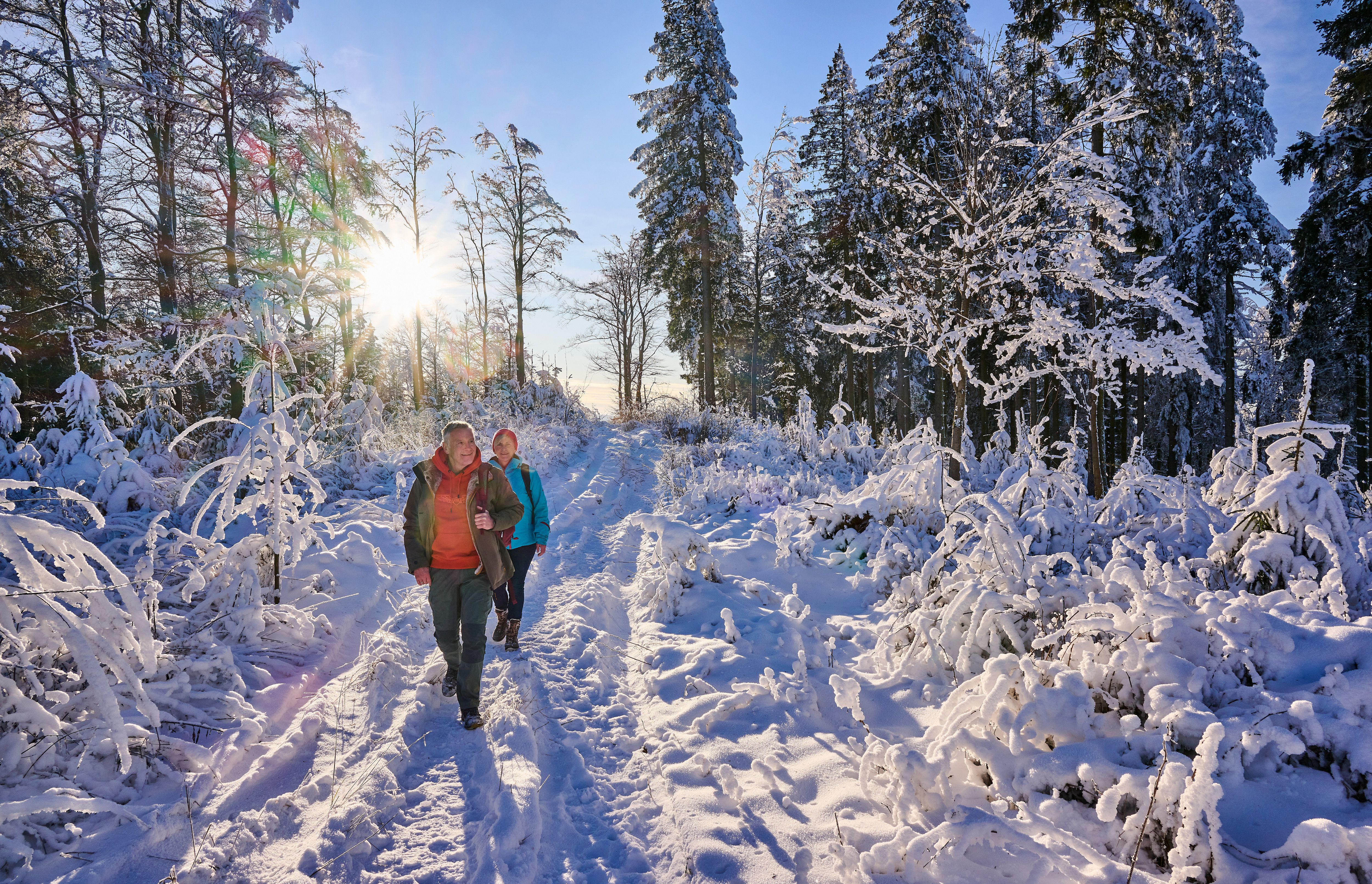 Zwei Wanderer unterwegs auf einem Winterspaziergang