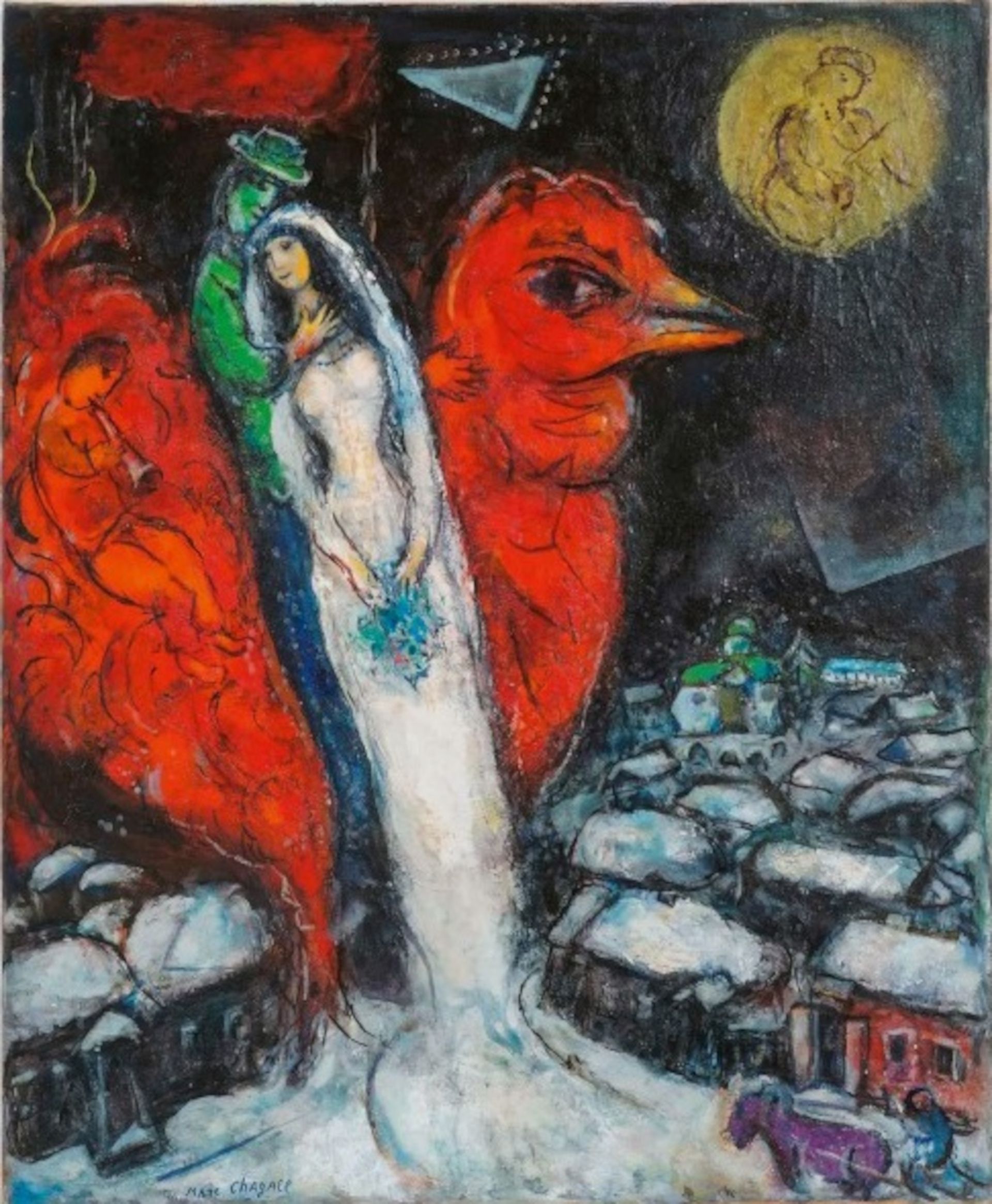 Marc Chagall, Liebespaar mit rotem Hahn, 1956-1965, Les amoureux au coq rouge, Öl, Gouache, Tempera und Tinte auf Leinwand, 81 x 66 cm, Privatsammlung Deutschland, Courtesy Samuelis Baumgarte Galerie